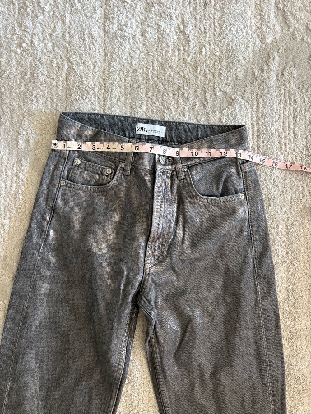 Zara Metallic Coated Straight Leg Jeans - Dark Silver / Gunmetal Grey Size 2 - Picture 6 of 6